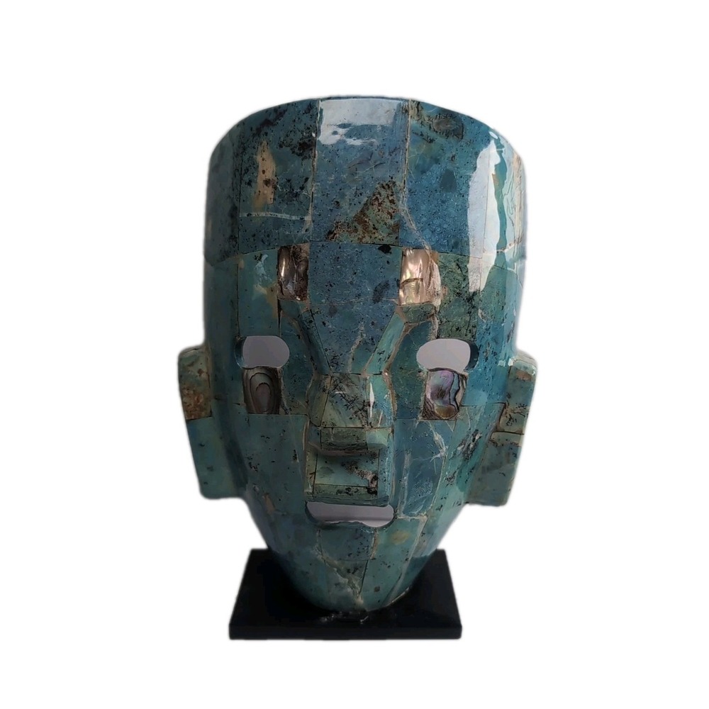 Vintage Art Sculpture Abalone Shell Pearl Mayan/Aztec Mask Blue Turquoise Displa